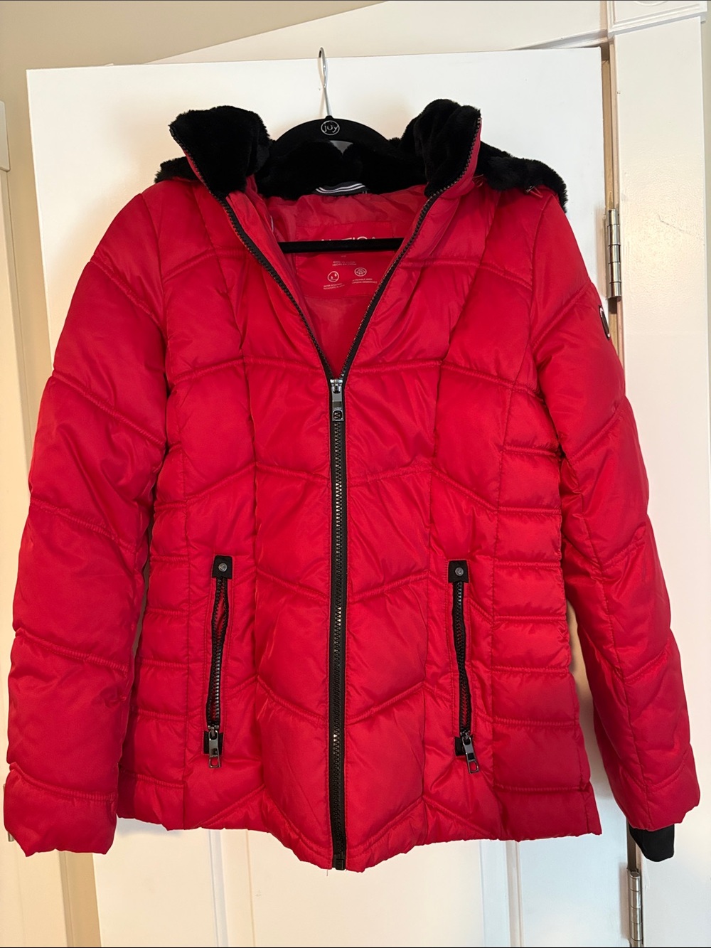 Nautica Red Quilted Women's Puffer Jacket with Black Faux Fur Trim
